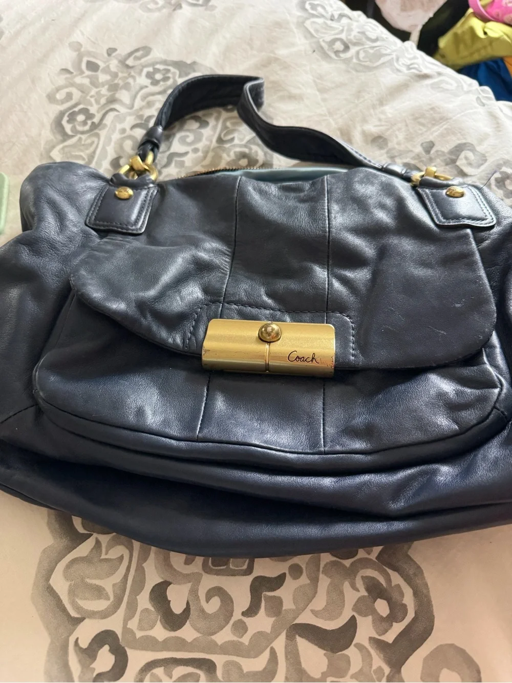 Coach Navy Leather Shoulder Bag with Gold Hardware